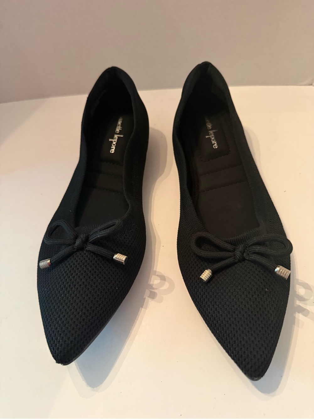 Nanette Lepore Black Pointed Knit Bow Ballet Flats Women’s 9.5 NEW